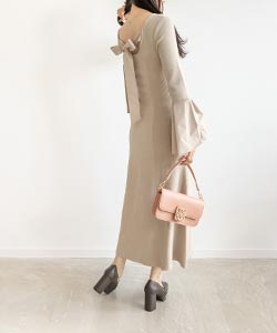 【SALE】【選べる丈感】フレアスリーブリボンニットワンピース