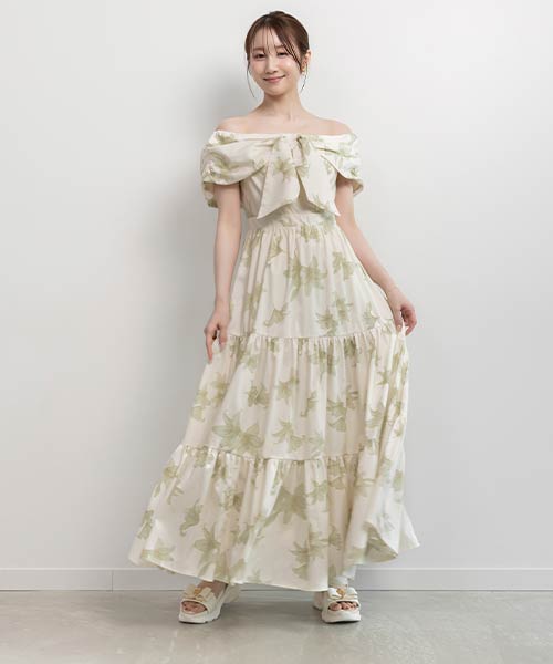 【SALE】オフショルリボンライクフラワーワンピース