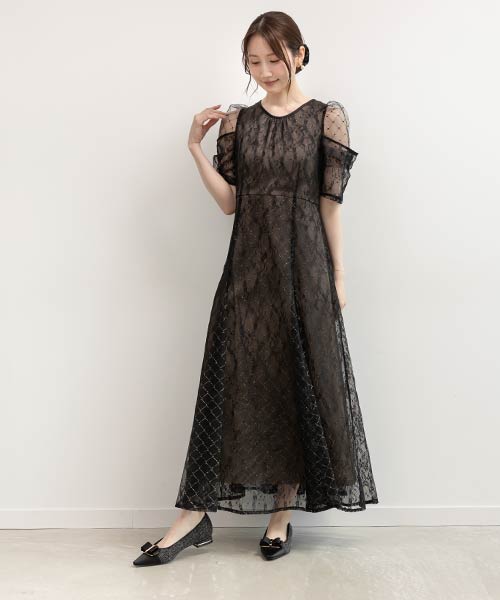 デザインスリーブチュールレイヤードワンピース