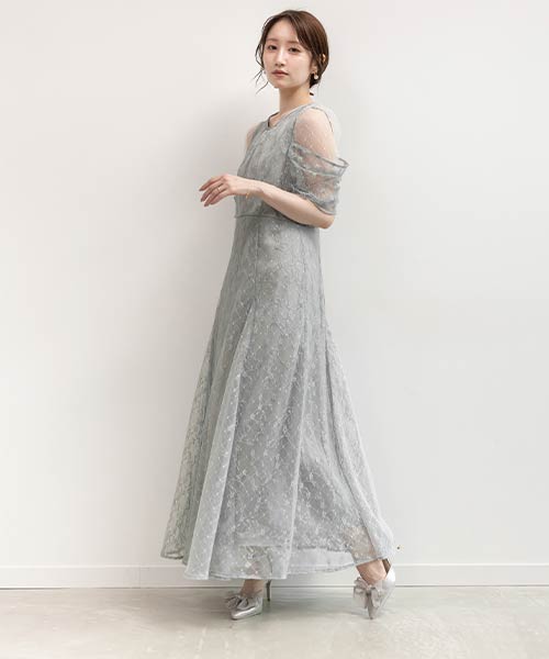 デザインスリーブチュールレイヤードワンピース