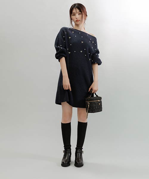 【選べる丈感】リボン×パール付きミニニットワンピース