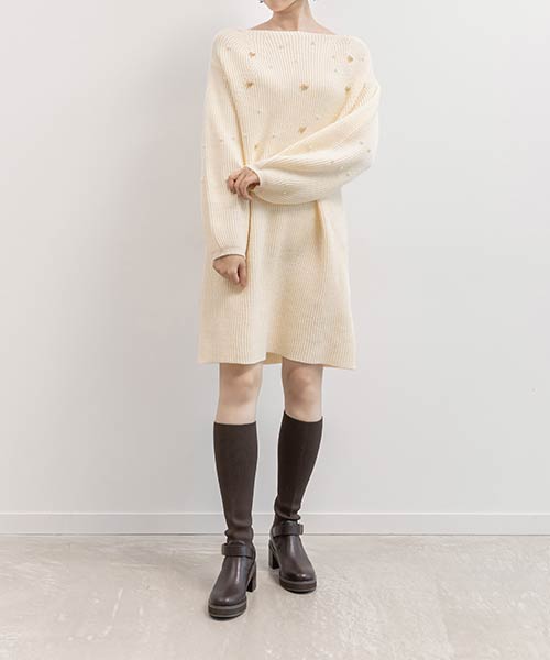 【選べる丈感】リボン×パール付きミニニットワンピース