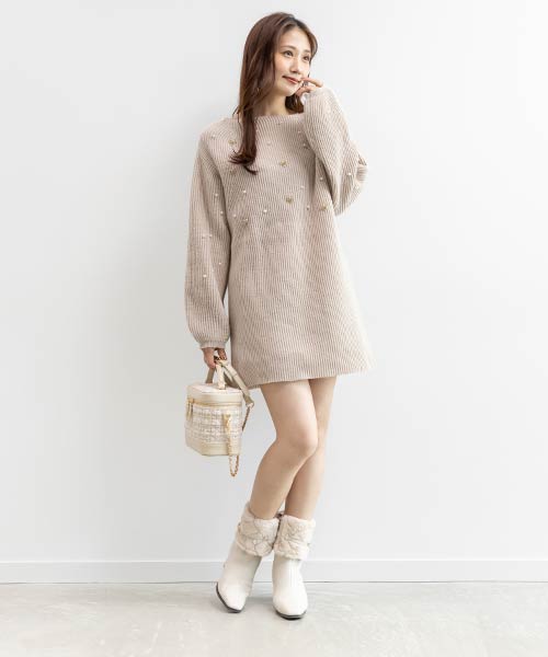 【選べる丈感】リボン×パール付きミニニットワンピース