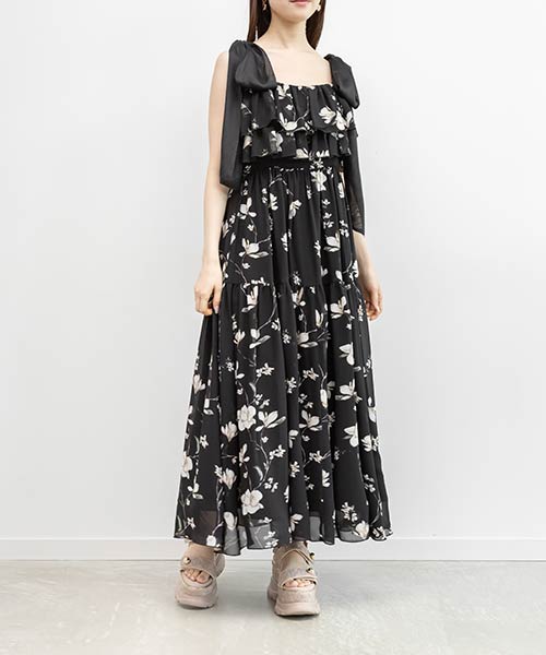 シアーリボンショルダーティアードワンピース