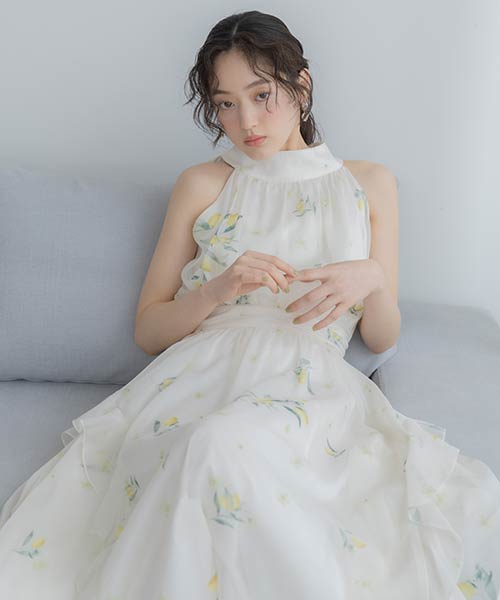 【Lemon Collection】レモンフラワーホルターネックワンピース