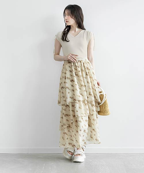 【SALE】ニットドッキングフラワーティアードワンピース