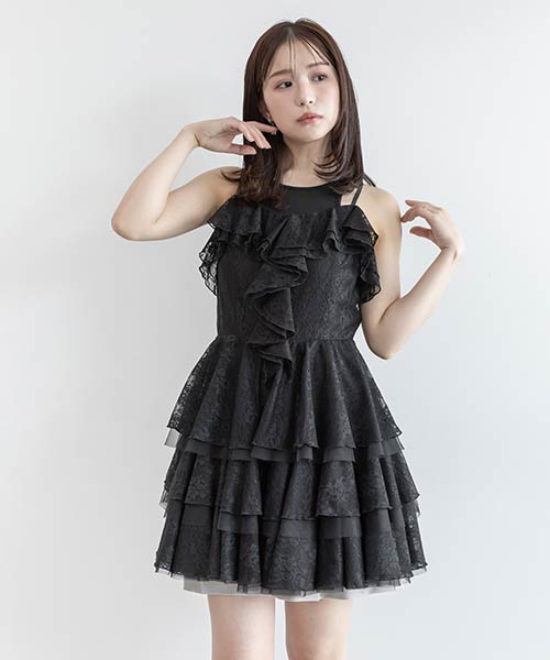 【SALE】レースティアードミニ丈キャミワンピース