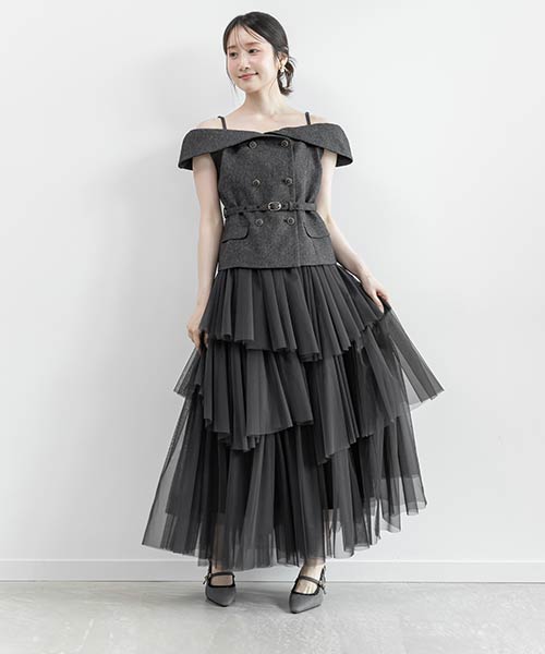 オフショルトップス×ティアードチュールスカートセット