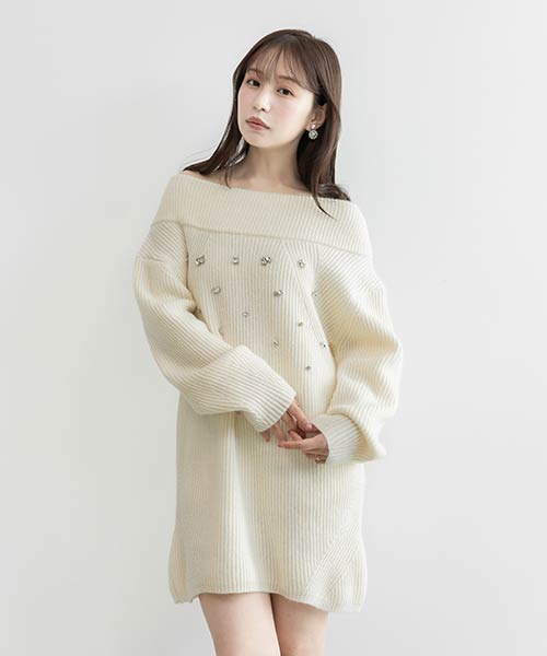 【Decorative Knit】【選べる丈感】ビジューオフショルニットワンピース