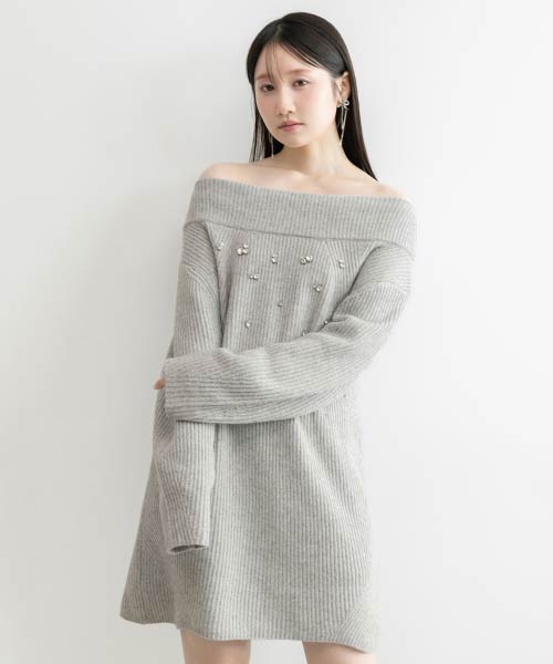 【Decorative Knit】【選べる丈感】ビジューオフショルニットワンピース