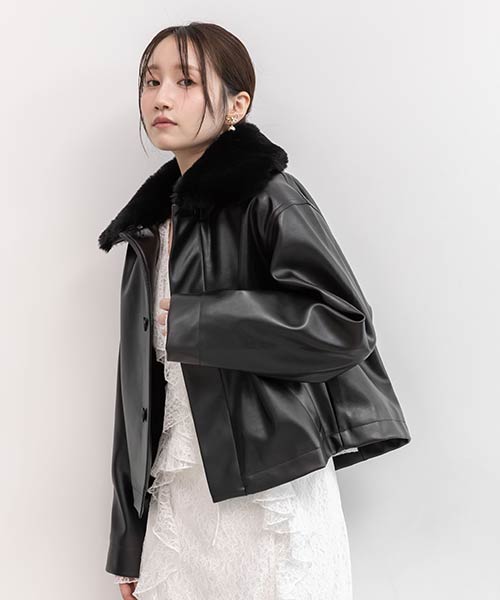 【選べる丈感】2WAY ファー襟付きフェイクレザージャケット