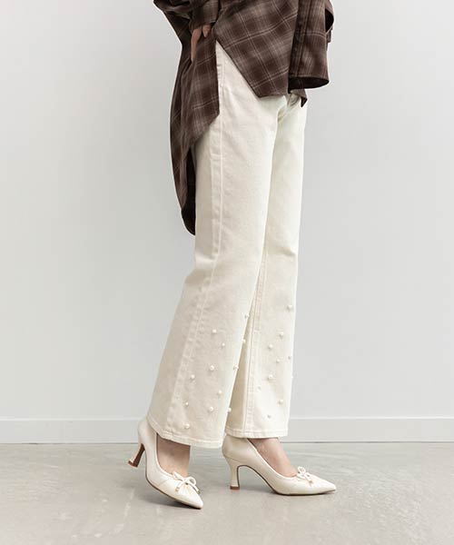 ハイウエストパールフレアデニム