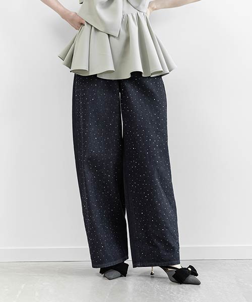 新色/ホットフィックスストーンカーブデニムパンツ