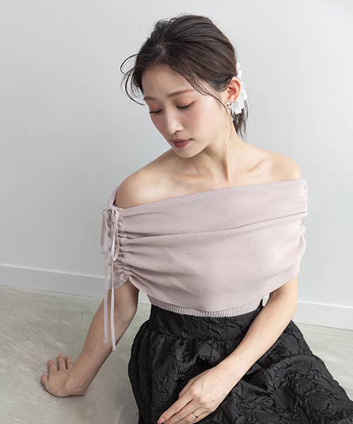 【SALE】ギャザーリボンオフショルニット