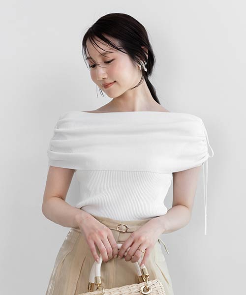 【SALE】ギャザーリボンオフショルニット
