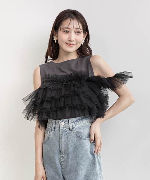 【SALE】フリルチュールドッキングカットソー
