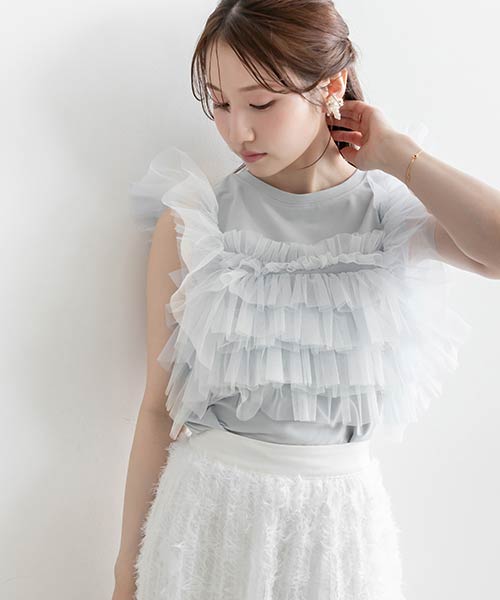 【SALE】フリルチュールドッキングカットソー