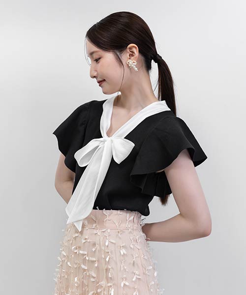 【SALE】ボウタイリボンニットトップス