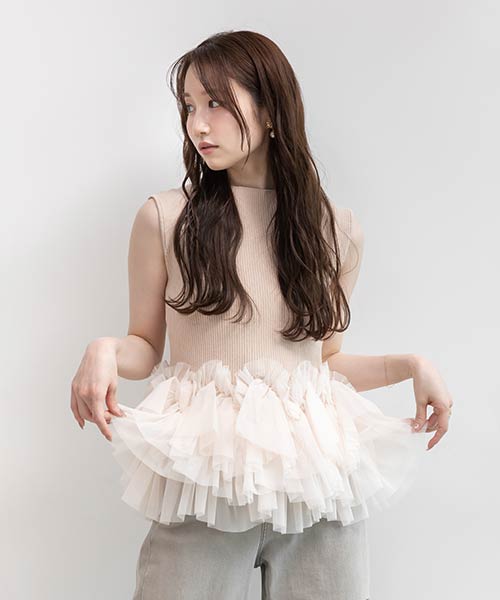 チュールフリルニットトップス