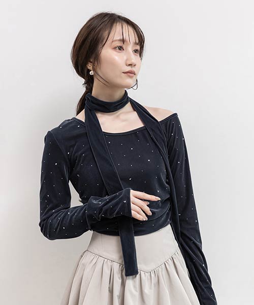 アシメネックベロアストーンカットソー