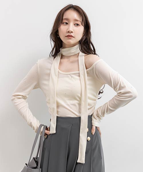 アシメネックベロアストーンカットソー