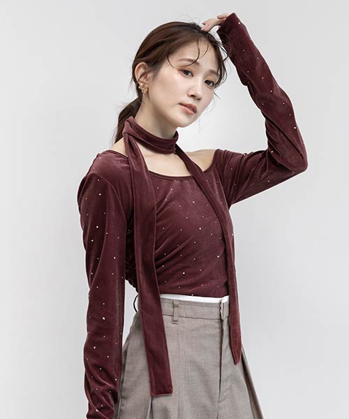 アシメネックベロアストーンカットソー