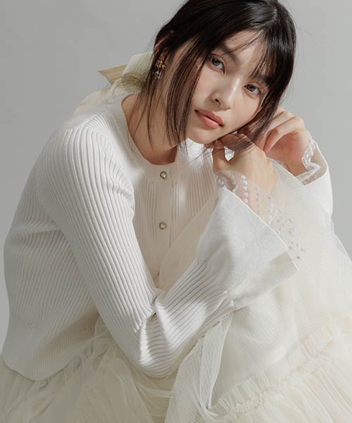 ハートチュールカフスリブニットカーディガン