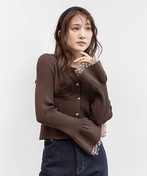 ハートチュールカフスリブニットカーディガン