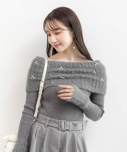 ビジューシャギーオフショルダーニット