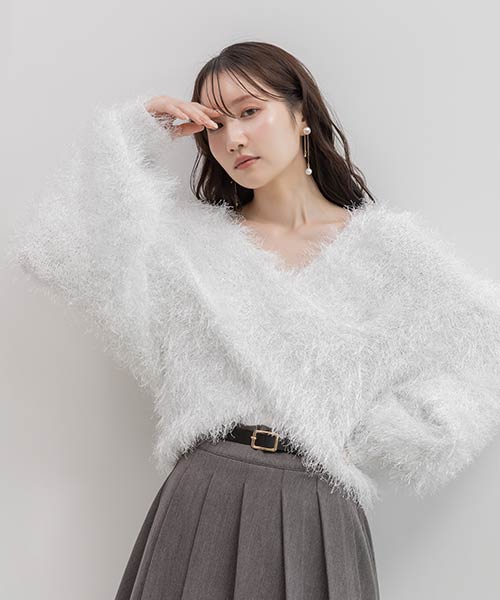 ラメシャギーカシュクールニット