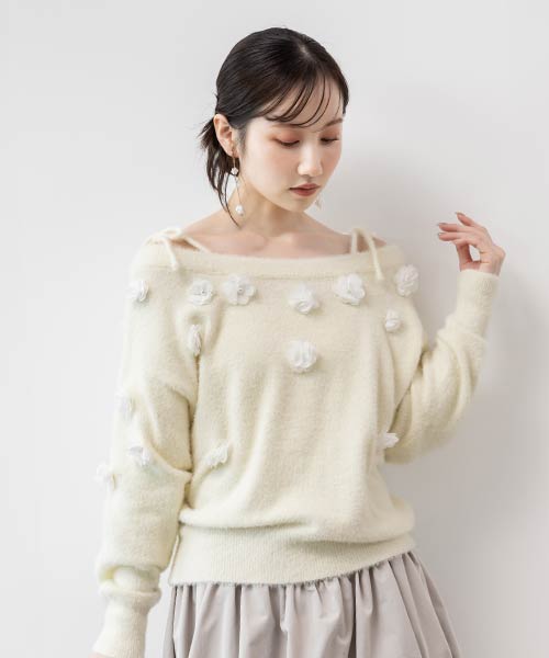 フラワーモチーフシャギーニットトップス