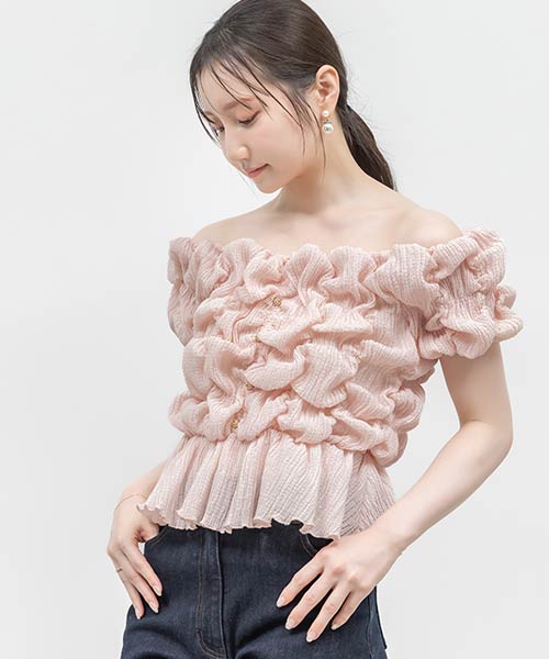 シャーリングオフショルダートップス