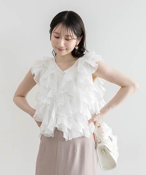 【SALE】シアーラッフルノースリーブブラウス