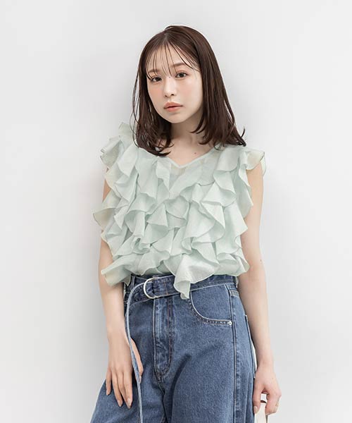 【SALE】シアーラッフルノースリーブブラウス