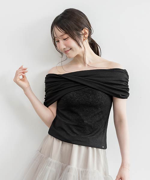 【SALE】クロスオフショルダーシアーニットトップス