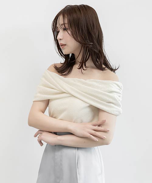 【SALE】クロスオフショルダーシアーニットトップス