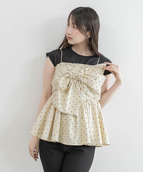 リボンデザインペプラムトップス×カットソーセット