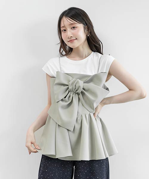 リボンデザインペプラムトップス×カットソーセット