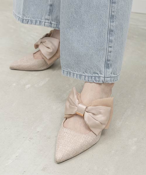 ビッグリボンミュールパンプス