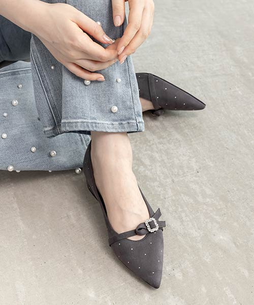 3E幅広 ビジューパーツフラットパンプス