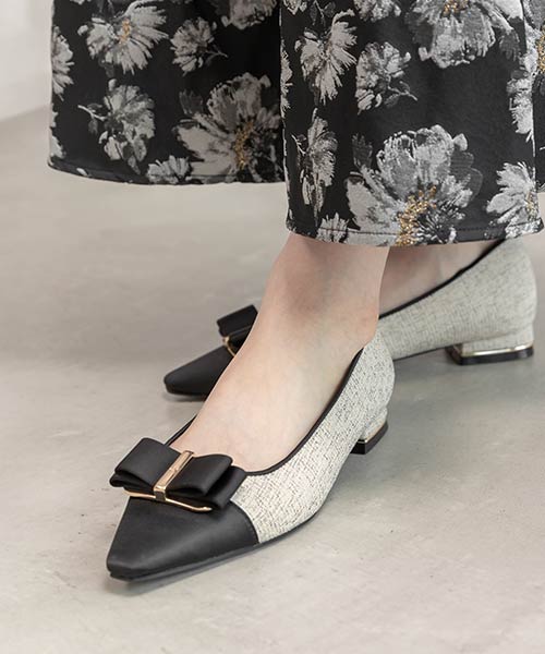 コンビマテリアルリボンフラットパンプス