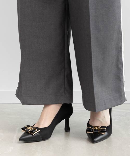 【走れる美脚パンプス】コンビマテリアルリボンフィットパンプス