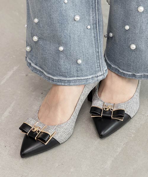 【走れる美脚パンプス】コンビマテリアルリボンフィットパンプス