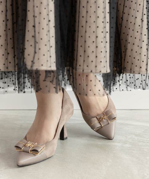 【走れる美脚パンプス】コンビマテリアルリボンフィットパンプス