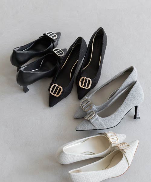 ビジューメタルパーツポインテッドトゥパンプス