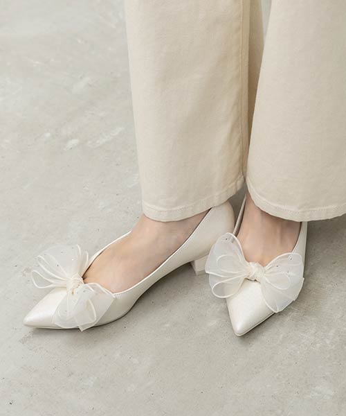 2WAY シアーリボンチャンキーヒールパンプス