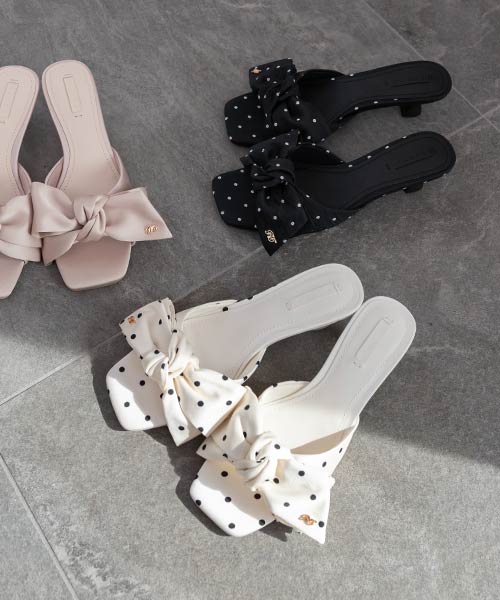 リボンデザインスクエアトゥミュールサンダル