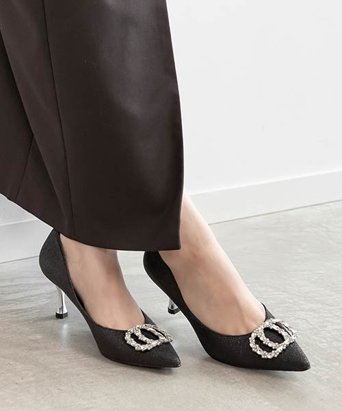 ビジューバックルグリッターパンプス