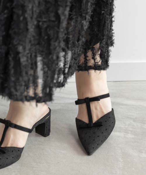 リボンTストラップミュールパンプス