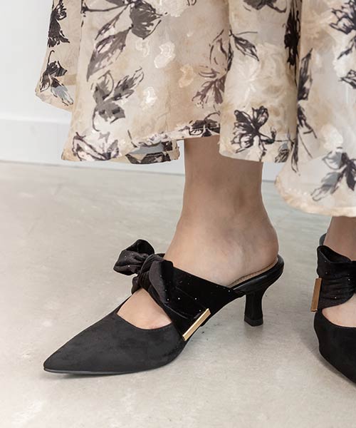 ビッグベロアリボンミュールパンプス
